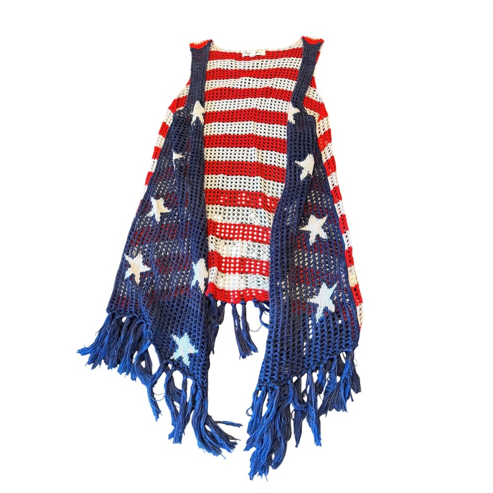 Cloud Chaser Vest Red White Blue American Flag Crochet Stars Stripes Fringe M